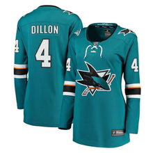 Load image into Gallery viewer, Brenden Dillon #4 San Jose Sharks Women's Teal Breakaway Jersey