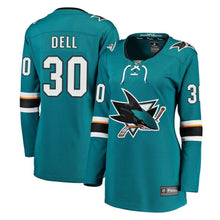 Load image into Gallery viewer, Aaron Dell #30 San Jose Sharks Women&#39;s Teal Breakaway Jersey