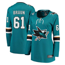 Load image into Gallery viewer, Justin Braun #61 San Jose Sharks Women's Teal Breakaway Jersey