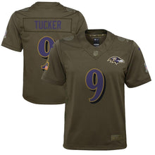 Load image into Gallery viewer, Justin Tucker #9 Baltimore Ravens Youth Olive Salute to Service Game Jersey