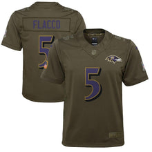 Load image into Gallery viewer, Joe Flacco #5 Baltimore Ravens Youth Olive Salute to Service Game Jersey