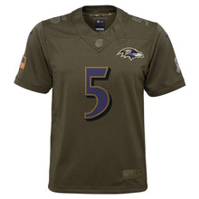 Load image into Gallery viewer, Joe Flacco #5 Baltimore Ravens Youth Olive Salute to Service Game Jersey
