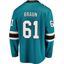 Load image into Gallery viewer, Fanatics Branded Justin Braun San Jose Sharks Teal Breakaway Jersey