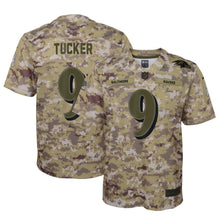 Load image into Gallery viewer, Justin Tucker #9 Baltimore Ravens Youth Camo Salute to Service Game Jersey
