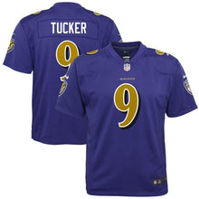Load image into Gallery viewer, Justin Tucker #9 Baltimore Ravens Youth Purple Color Rush Game Jersey