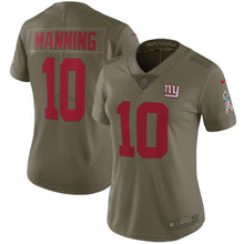 Load image into Gallery viewer, Eli Manning #10 New York Giants Women's Olive Salute to Service Limited Jersey