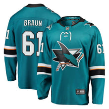 Load image into Gallery viewer, Fanatics Branded Justin Braun San Jose Sharks Teal Breakaway Jersey