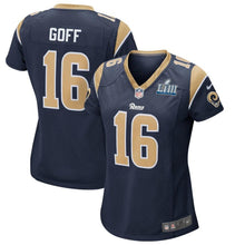 Load image into Gallery viewer, Jared Goff #16 Los Angeles Rams Women's Navy Super Bowl LIII Bound Game Jersey